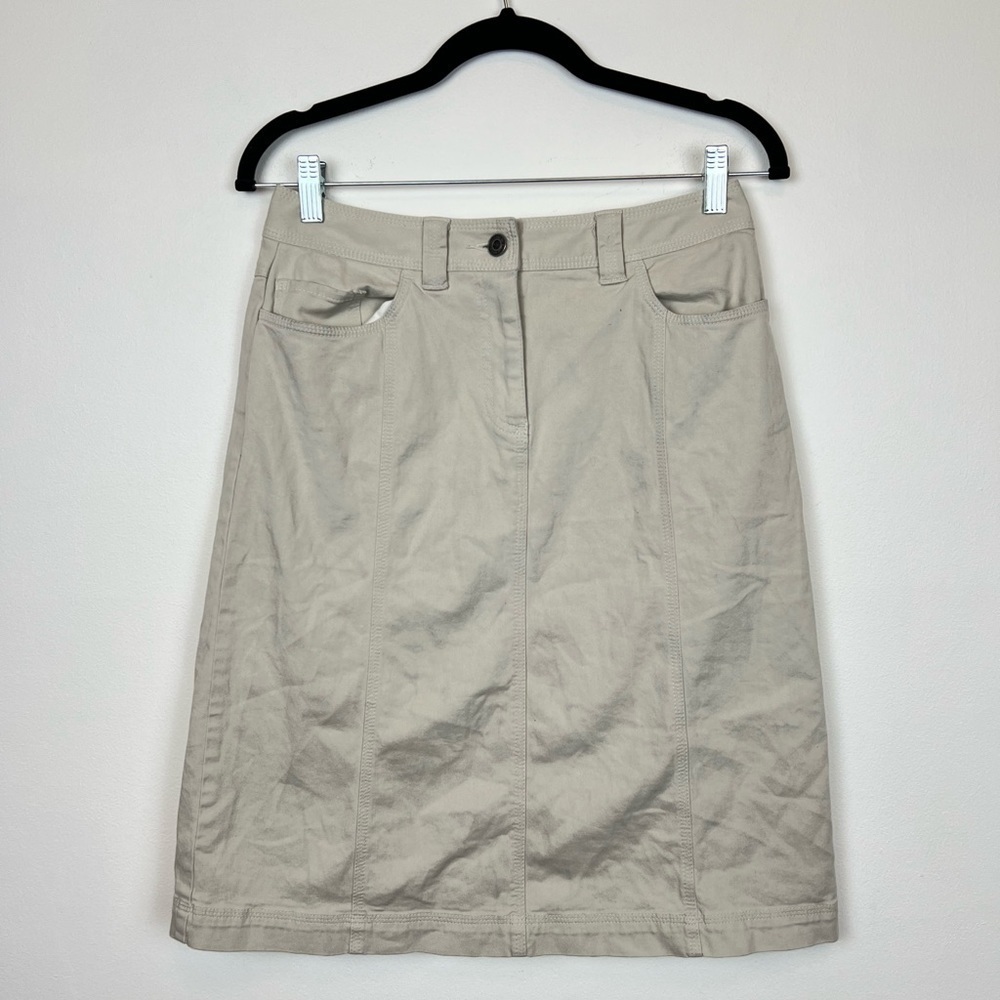 Talbots Khaki Beige Midi Skirt sz 4 Chic Spring Stretch Cotton
